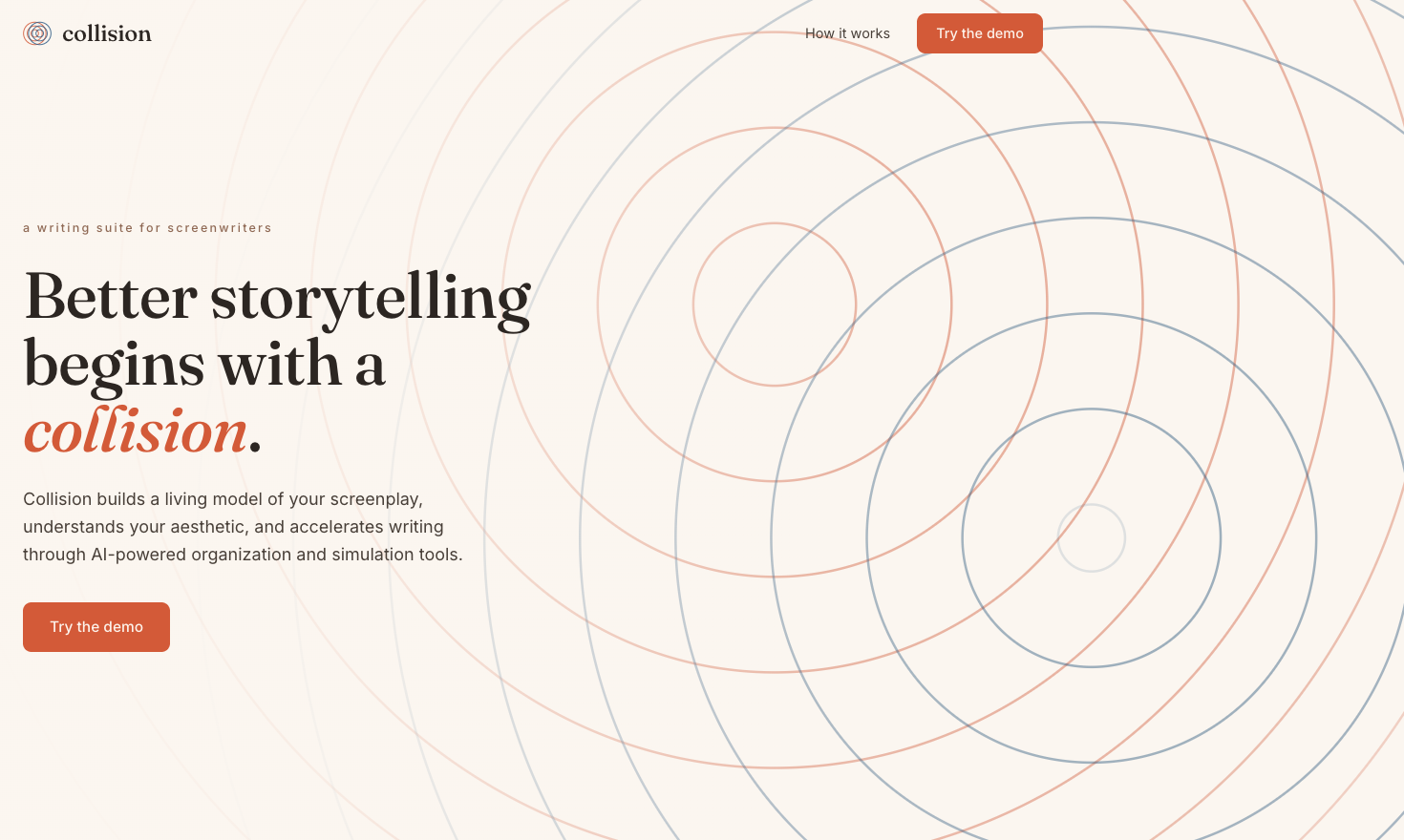 Collision landing page with animated interference-ripple hero artwork.