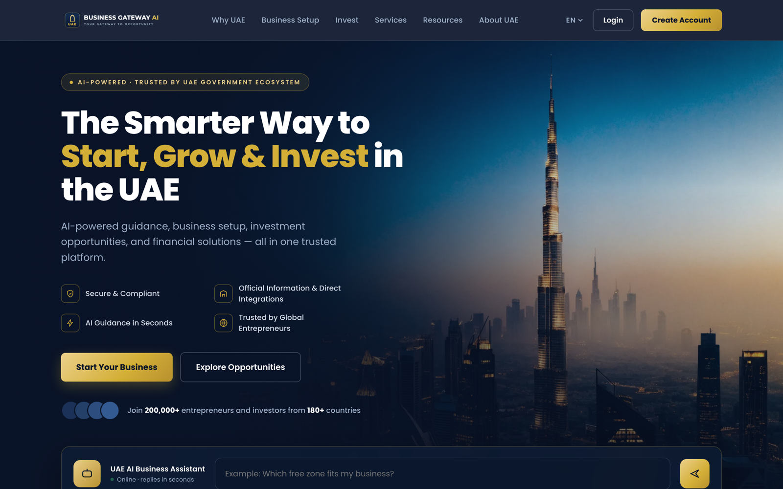 UAE Business Gateway production landing page for the regulatory AI assistant.