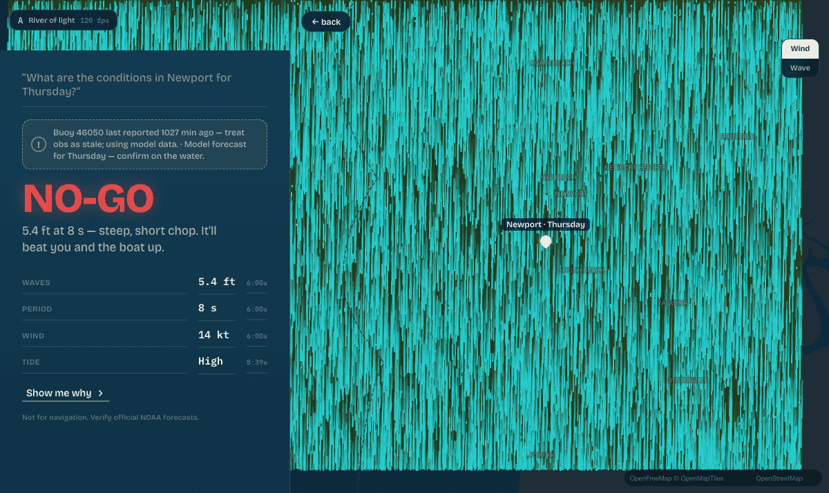 Hey Buoy! marine conditions app: a navy sea map with animated wind particles and a bold NO-GO verdict with wave, period, wind, and tide readouts.